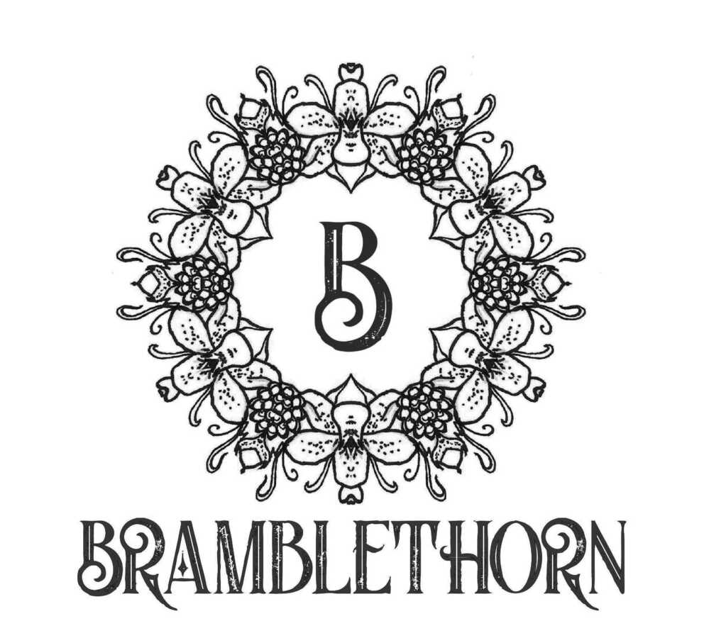 Media Gem Portfolio Logo With Hand Drawn Floral Wreath, And The Letter B In The Centre, With Bramblethorn Written Beneath