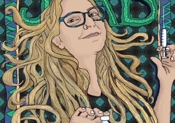 Digital Self Portrait Illustration In The Style Of Mucha 'Job' Cigarette Paper Magazine Adverts, Promoting The Covid Vaccination.