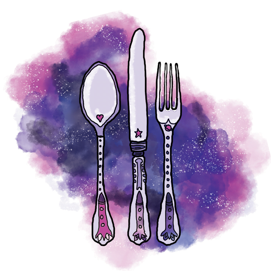 Media Gem Portfolio Digital Watercolour Illustration Of A Cutlery Set, With A Galactic Theme.